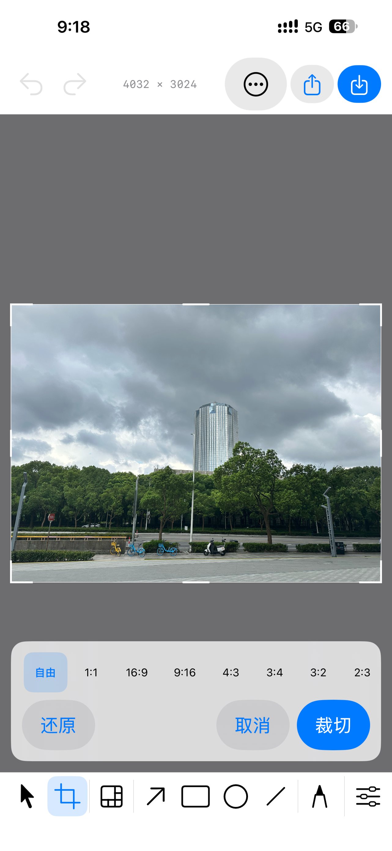 Crop mode in Marka: the crop frame over the image and a row of ratio chips — free, 1:1, 16:9, 9:16, 4:3, 3:4, 3:2, 2:3 — with reset, cancel and crop buttons.